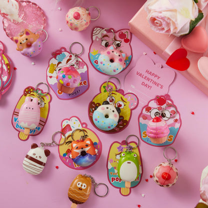 JOYIN 28 Packs Valentine Dessert squishy toys Stress Relief Keychains with Fun Dessert Cards, PU Donuts Squishy Toys, Cupcake & Popsicles Keychain, Slow-Rising Toy for Kids Classroom Gift Party Favor