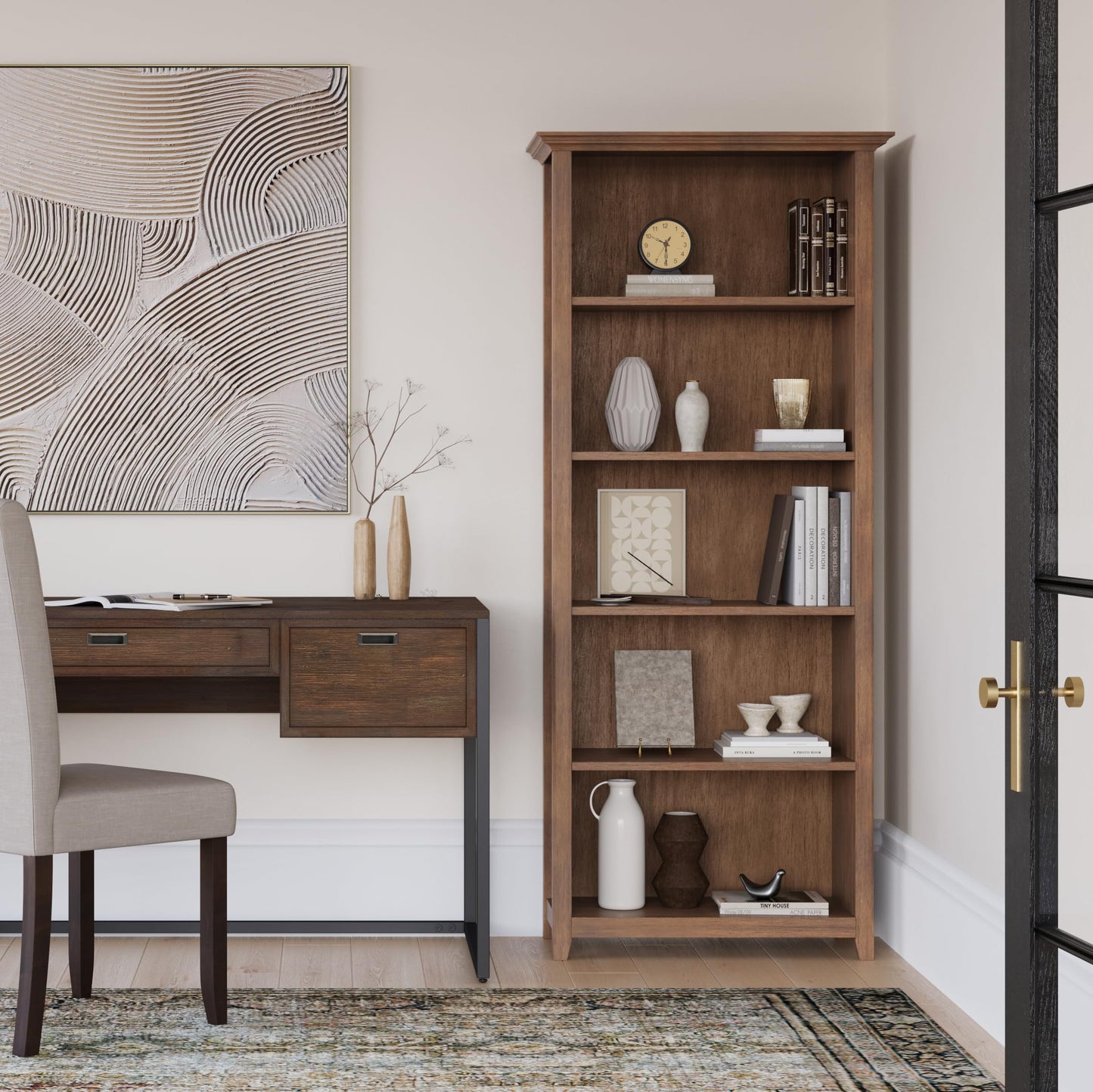 SIMPLIHOME Amherst Bookcase - 70 inch Tall 5-Shelf Solid Wood Bookshelf in Rustic Natural Aged Brown, Transitional Storage for Living Room, Study or Office with Adjustable Shelves and Tapered Legs