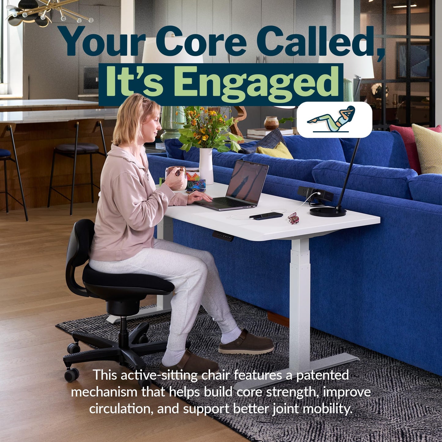 Vari CoreChair – Ergonomic Armless Office Chair for Active Sitting, Core Support & Posture – Adjustable Seat Height & Depth – Compact Task Chair for Home Office Desk – 250 lb Capacity (Black)