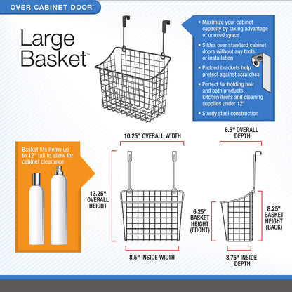 Spectrum Hanging Baskets for Organizing (Large, Satin Nickel) - Grid Over the Cabinet Wire Basket for Kitchen or Bathroom - Door Hanging Storage Organizer for Cleaning Supplies, Washcloths, & Towels