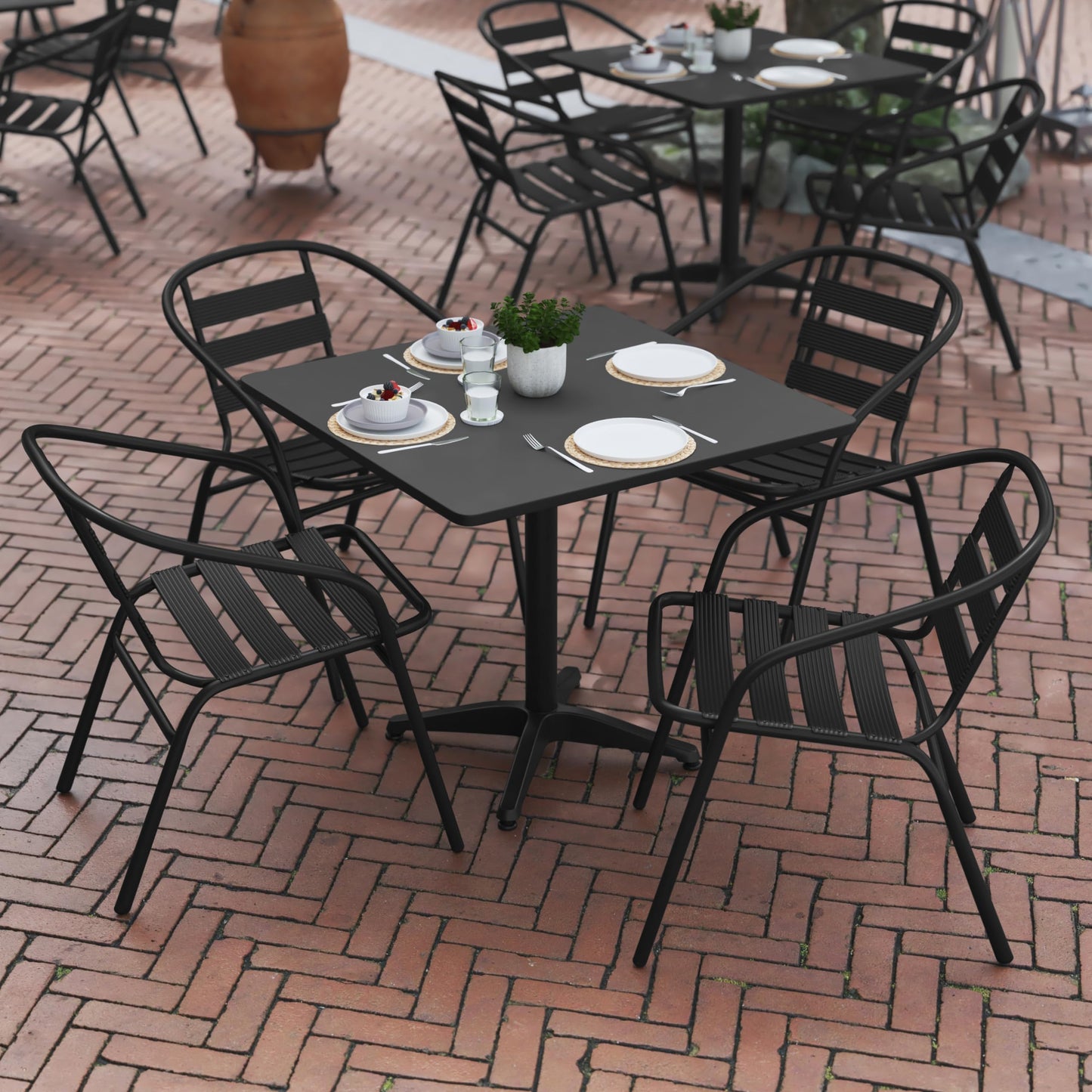 Flash Furniture TLH-ALUM-32SQ-017BK4-GG Lila 31.5'' Square Aluminum Indoor-Outdoor Table Set with 4 Slat Back Chairs, Black