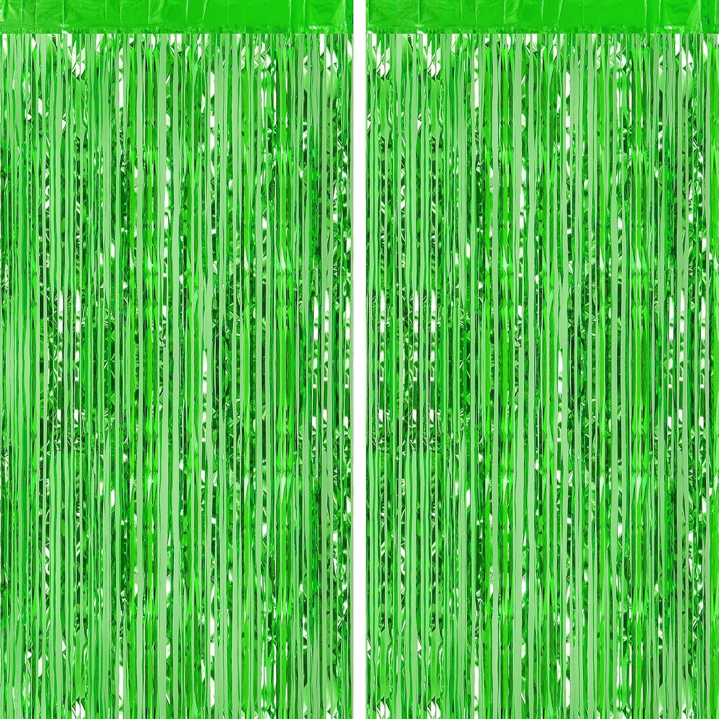 CHRORINE 2pcs 3ft x 8.3ft Green Tinsel Foil Fringe Curtains, Streamers Backdrop for Birthday Jungle Safari Party