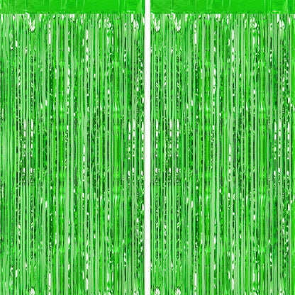 CHRORINE 2pcs 3ft x 8.3ft Green Tinsel Foil Fringe Curtains, Streamers Backdrop for Birthday Jungle Safari Party