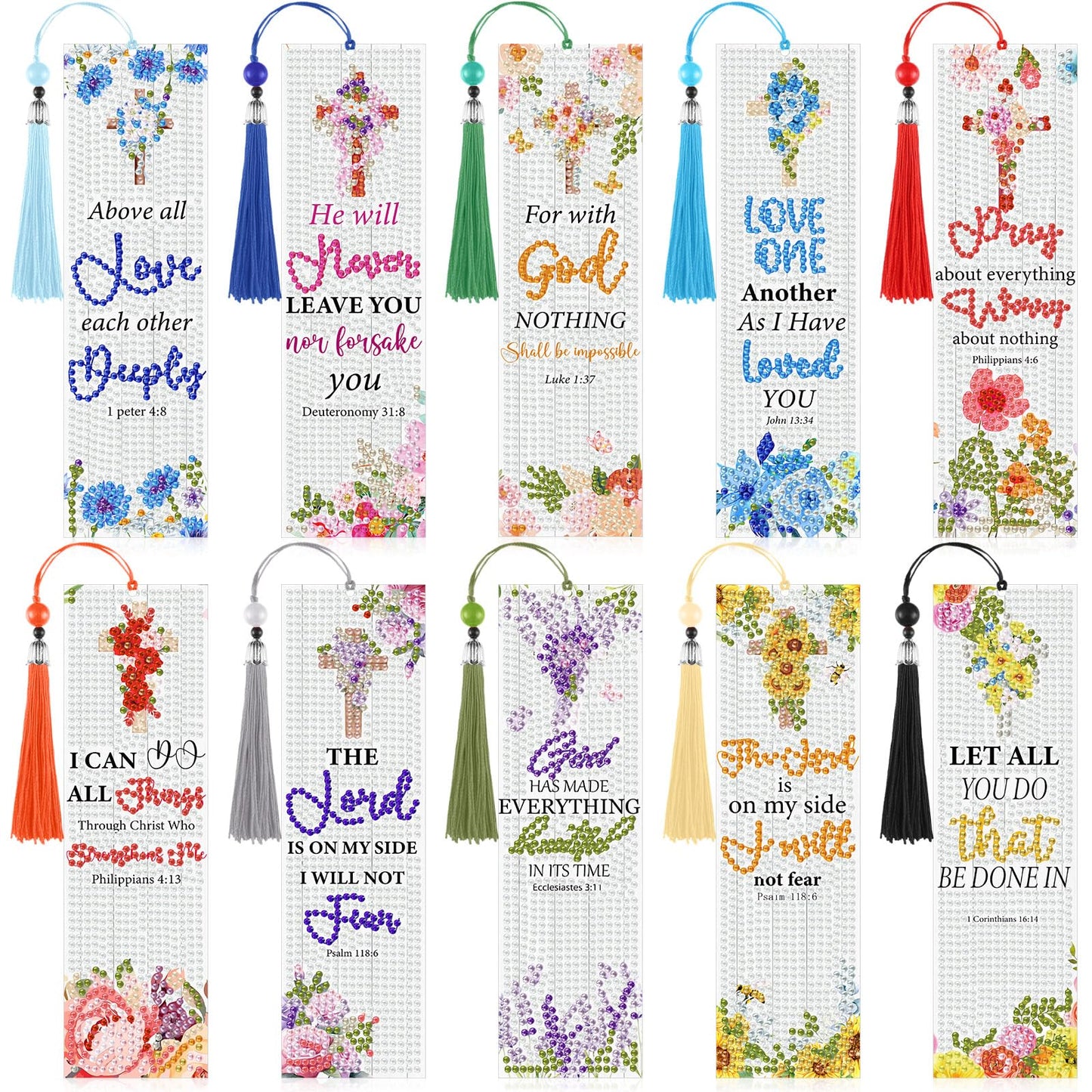 Sinload 10 Pcs Christian Bible Verse Diamond Art Bookmark for Adults Christian Diamond Bookmarks with Tassels 5d Watercolor Floral Cross Bookmarks for Reading Lover DIY Crafts Religious Gifts