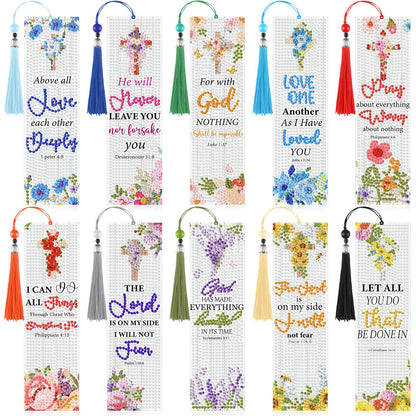Sinload 10 Pcs Christian Bible Verse Diamond Art Bookmark for Adults Christian Diamond Bookmarks with Tassels 5d Watercolor Floral Cross Bookmarks for Reading Lover DIY Crafts Religious Gifts