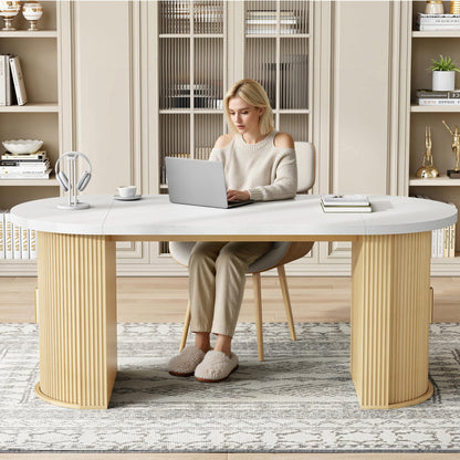 IRONCK 71" Oval Dining Table for 4-6 with Hidden Storage, Modern Farmhouse Kitchen Table with Fluted Semi-Cylindrical Legs, Faux Quartz Top for Dining Room, Kitchen, Living Room & Home Office (Oak)