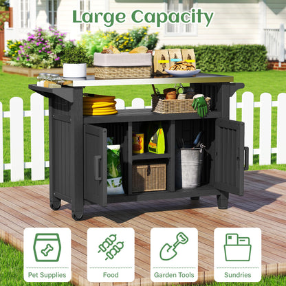 Bifanuo Resin Outdoor Grill Cart, Outdoor Kitchen Island with Stainless Steel Top & Storage Cabinet for Kitchen Prep, Weatherproof Grill Table for BBQ Food Prep, Black
