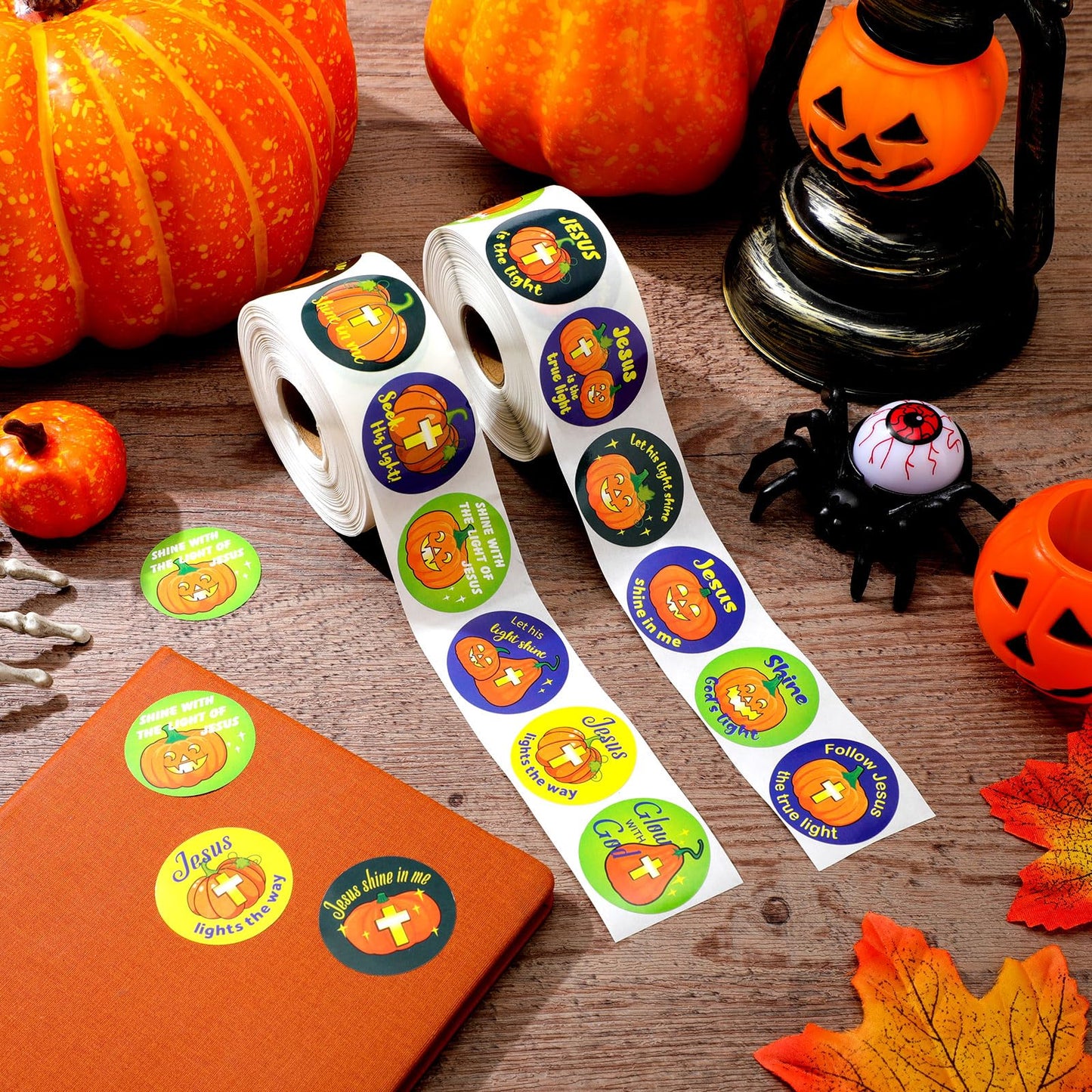 Colarr 1600 Pcs Halloween Stickers Christian Pumpkin Stickers for Halloween Religious Halloween Roll Stickers 16 Design Halloween Vinyl Roll Stickers for Water Bottles Halloween Party Favors Gift