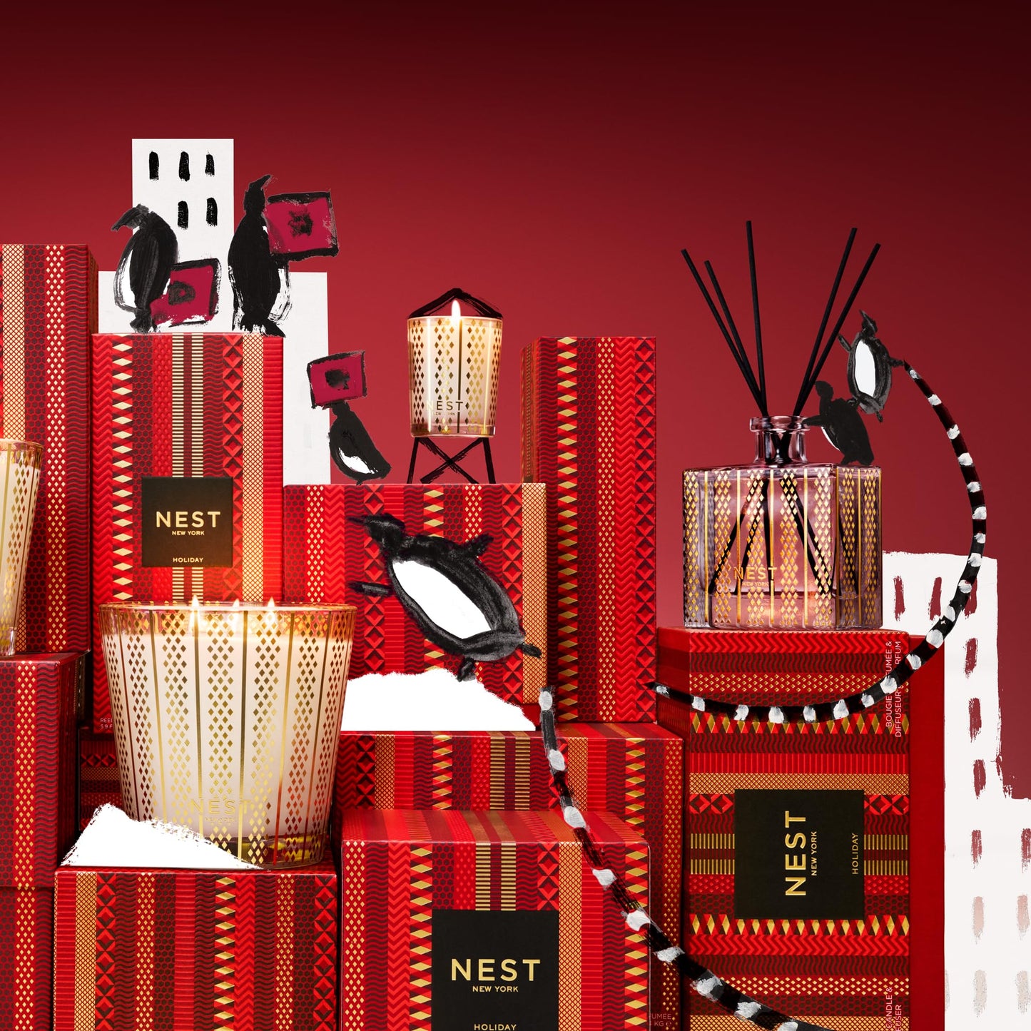 NEST New York Reed Diffuser, Holiday - 5.9 fl oz - Fragrance for Up to 90 Days - Reusable, Refillable Glass Holder - Includes 8 All-Natural Reed Sticks - Flame Free