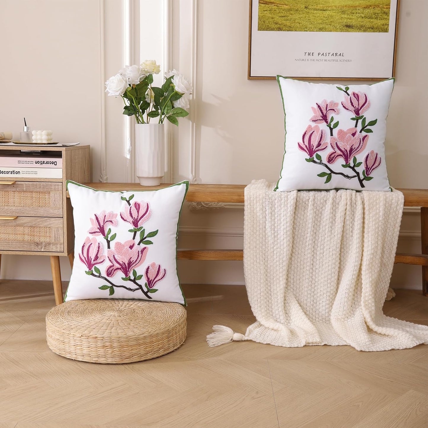 Embroidered Throw Pillow Covers 18x18 Inch Set of 2, Pink Magnolia Flower Spring Pillowcases for Living Room