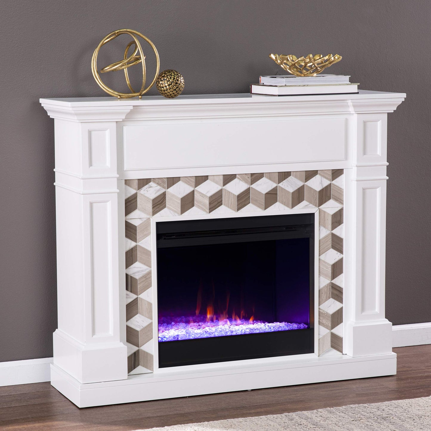 SEI Furniture Darvingmore Color Changing Fireplace w/Marble Surround, White/Brown