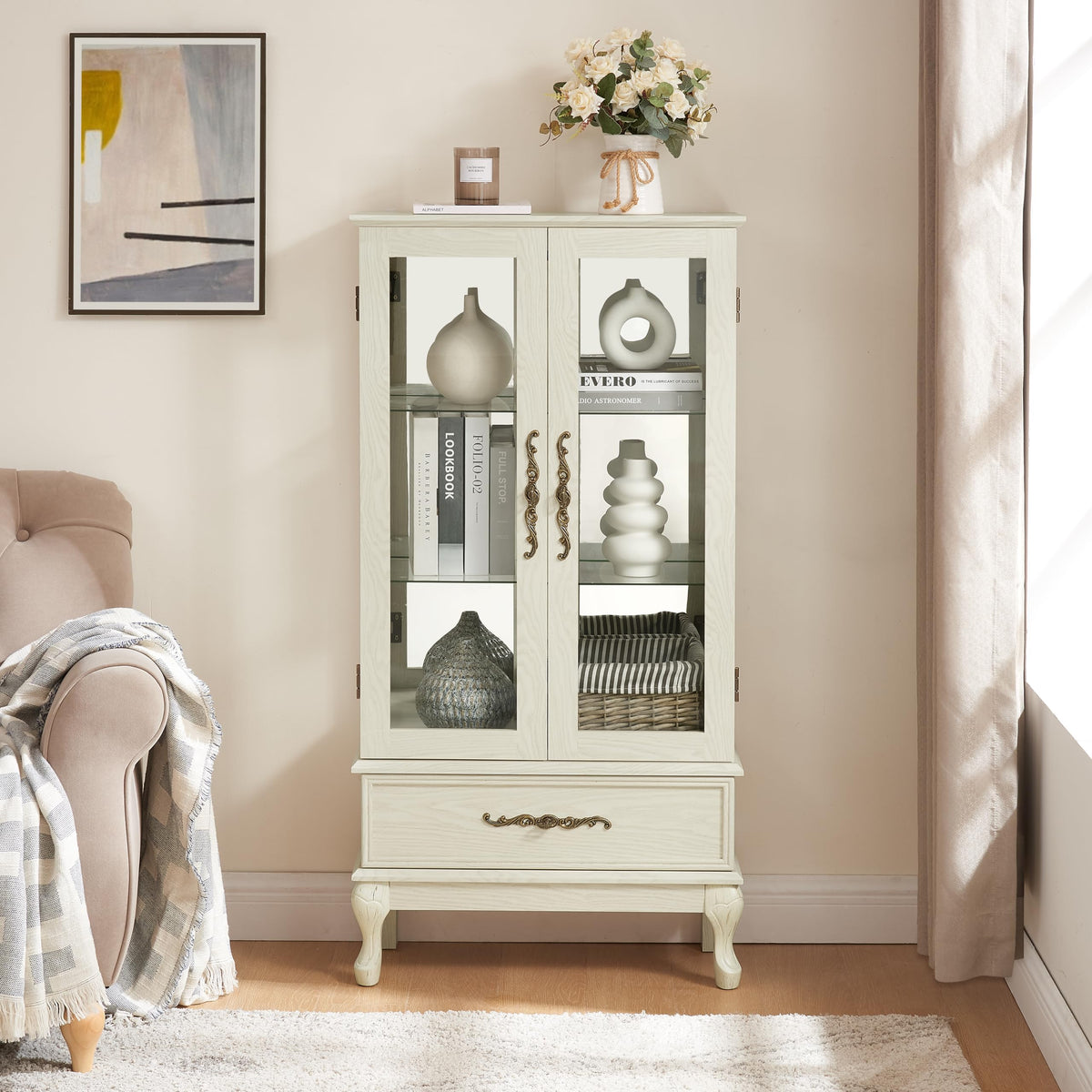 KEIKI 52" Glass Display Cabinet with Carved Metal Handle & Adjustable Shelves, Storage Curio Cabinet with 2 Door & 1 Drawer, 3-Tier Showcase Display Case, Easy Assembly, for Living Room, White