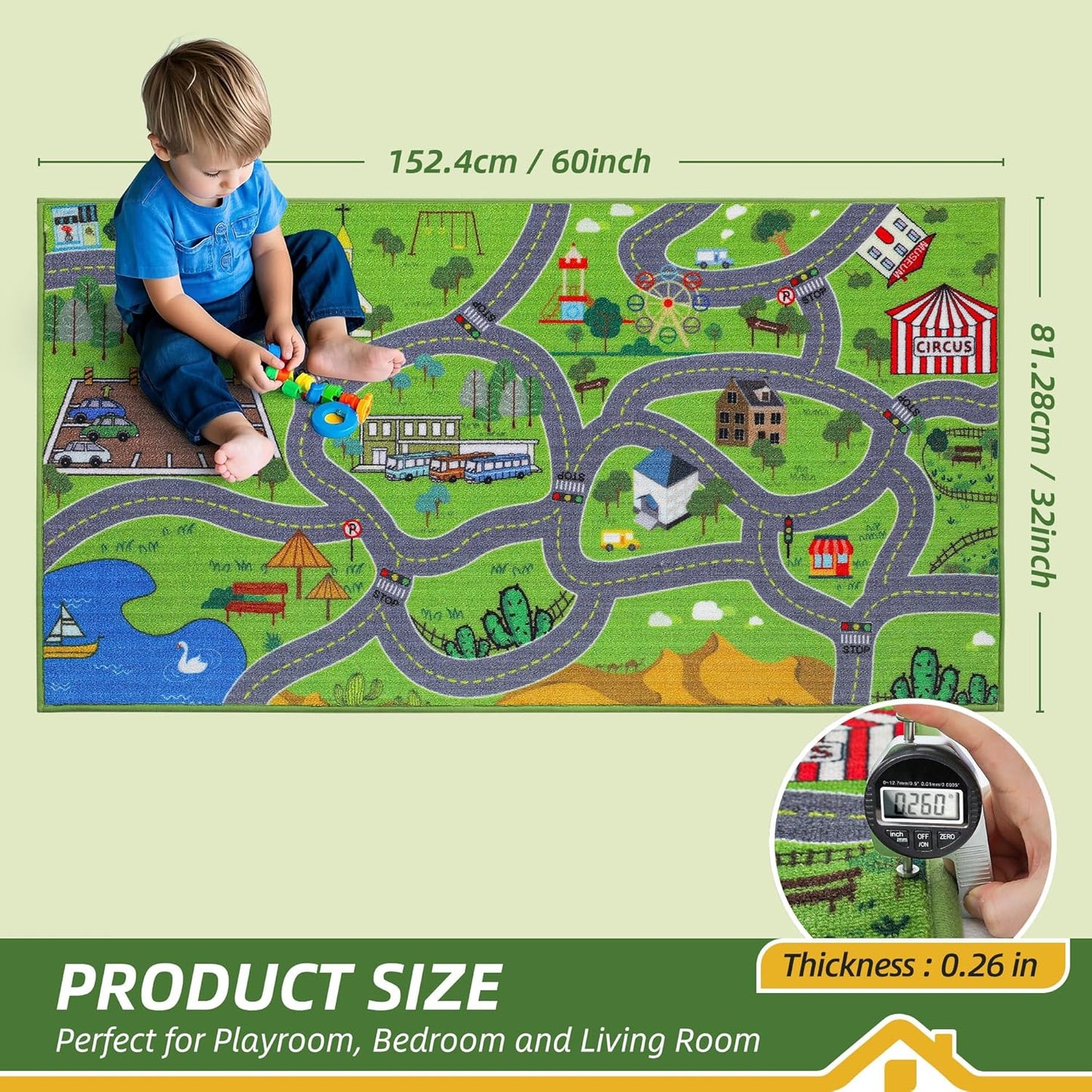 32"x60" BEQHAUSE Kids Play Mat, Green City Map Race Track Children Rugs Great for Playing with Cars, Play Area Rug Road