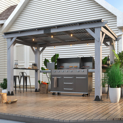 COVERONICS 12.5'x6.5' Outdoor Grill Gazebo - Hardtop Cedar Wood Gazebo with 2 Side Shelves and Galvanized Steel Roof, Patio Wooden BBQ Pergola for Porch, Garden and Backyard