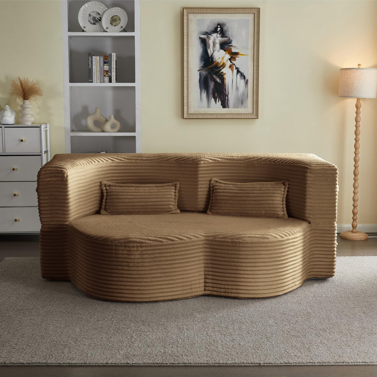 Ball & Cast 78" Convertible Sleeper Sofa Bed with Pillows, Corduroy Folding Mattress Couch Bed, Floor Futon Sofa Comfy Compressed Cloud Couch for Living Room,Camel