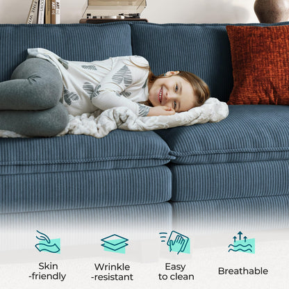 LINSY HOME 157'' Modular Sectional Sofa Blue Couch Corduroy Cloud Couches for Living Room, U Shaped Couch with Movable Ottoman, Modern Cloud Sectional Sofas for Bedroom and Apartment, Blue
