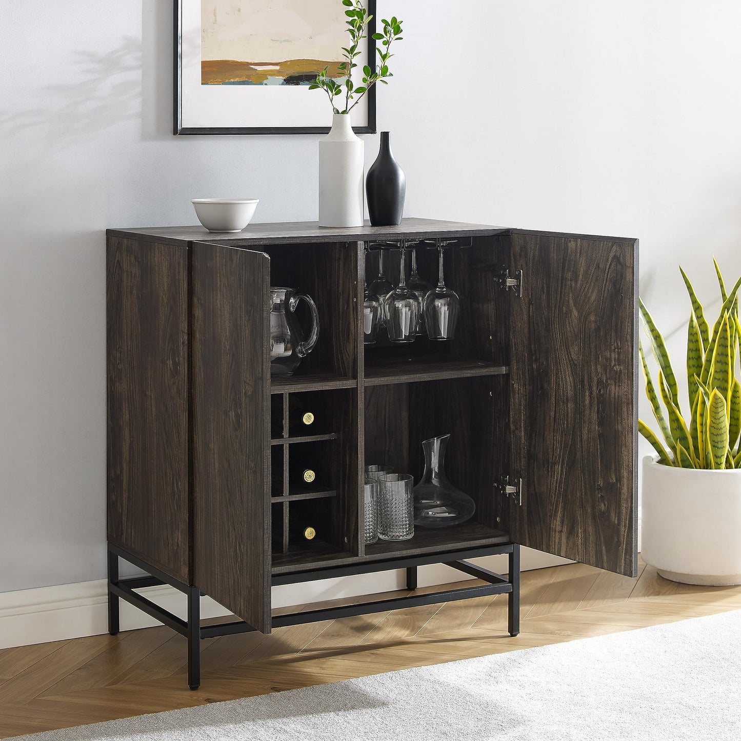 Crosley Furniture Jacobsen Bar Cabinet with Storage Shelves and Wine Rack, Brown Ash/Matte Black
