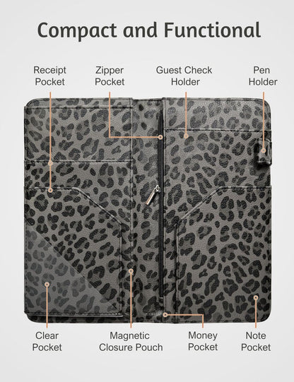 Server Book for Waitress Book with Zipper Pocket and Magnetic Closure, 5"×9" Grey Leopard Cute Server Wallet with Money Pocket, Restaurant Waitstaff Organizer Fit Server Apron