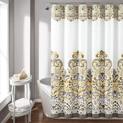 Lush Decor Clara Shower Curtain-Fabric Colorful Boho Paisley Damask Print Design, 72 x 72 Yellow and Brown