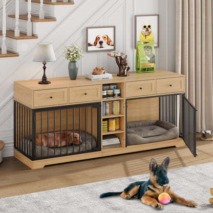Garvee Double Dog Crate Furniture, 82'' Large Dog Kennel Indoor with 4 Drawers and Shelves, Heavy Duty Wooden Dog Crate TV Stand for 2 Large Medium Dogs, Natural