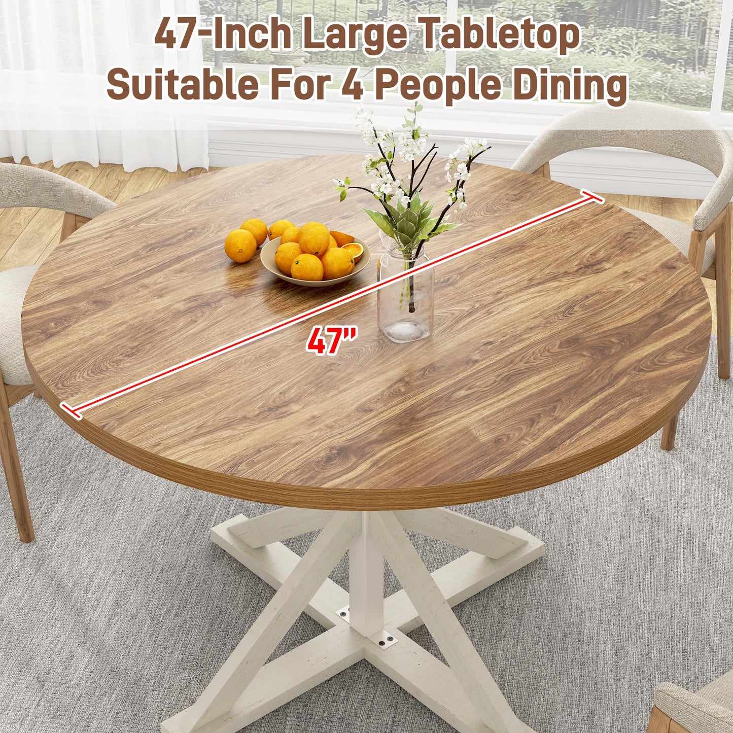 Round Wood Dining Table for Kitchen,Dining Room,Living Room,Farmhouse Dinner Tables W/Thickened Brown Wooden Waterproof Tabletop for 4 People,47 inch Rustic Kitchen Table W/Metal Support(OAK)