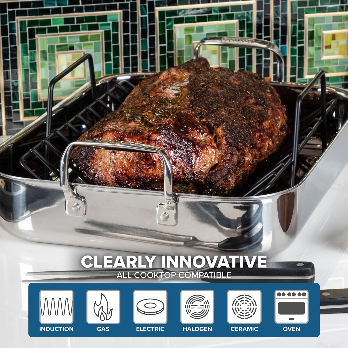 Viking 3-Ply Stainless Steel Roasting Pan with Non Stick Rack, 16 x 13 Inch Kitchen Cookware, Great for Turkey, Includes Probe Thermometer, Dishwasher and Oven Safe, Induction Ready, Silver