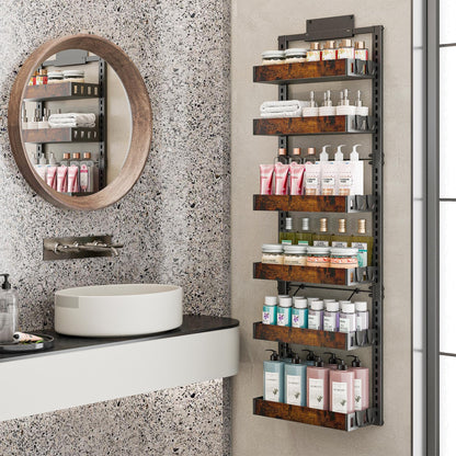 BUKFEN 6-Tier Over the Door Pantry Organizer, 2-in-1 Door Hanging or Wall Mounted Spice Rack, Heavy Duty Metal Storage Shelves with Adjustable Wooden Baskets for Kitchen Bathroom Closet