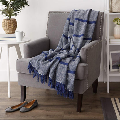 DII Navy Stripe Homespun Throw, 50x60 with 2.5" Fringe