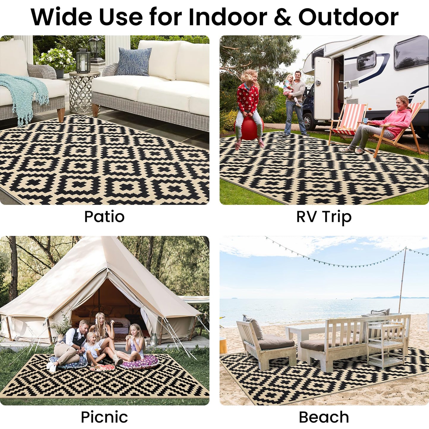 Smiry Waterproof Outdoor Rug 5x8 ft, Reversible Plastic Straw Patio Camping Rugs, Outdoor Indoor RV Mat Carpet for Patio, Outside Entry, Backyard, Deck, Bench, Picnic, Camper, Black & Beige