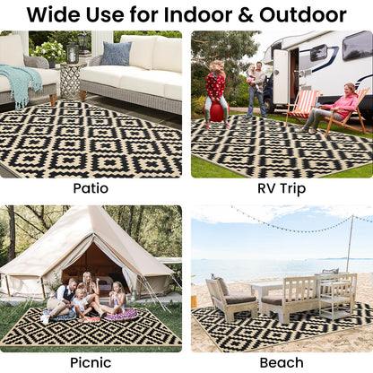 Smiry Waterproof Outdoor Rug 5x8 ft, Reversible Plastic Straw Patio Camping Rugs, Outdoor Indoor RV Mat Carpet for Patio, Outside Entry, Backyard, Deck, Bench, Picnic, Camper, Black & Beige