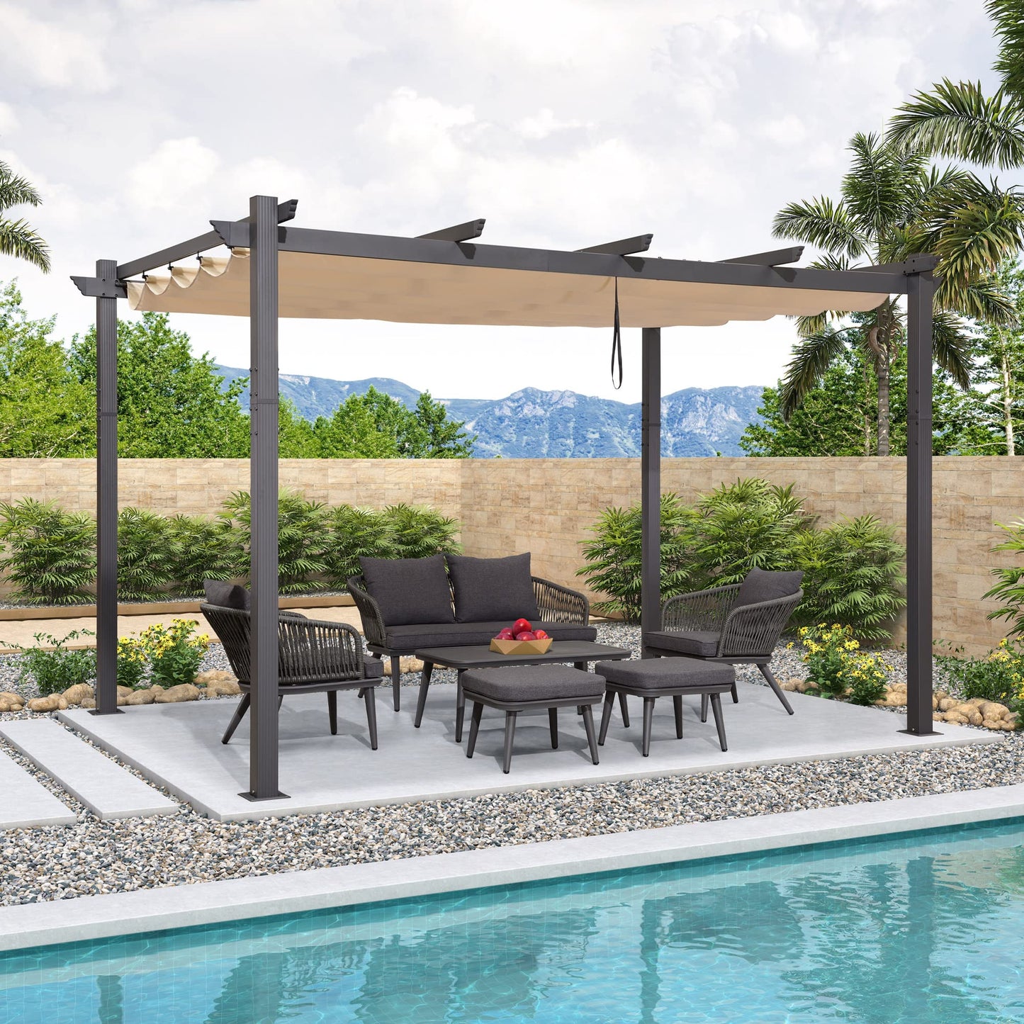 PURPLE LEAF 10' X 13' Outdoor Retractable Pergola with Sun Shade Canopy Patio Metal Shelter for Garden Porch Beach Pavilion Grill Gazebo Modern Yard Grape Trellis Pergola, Beige