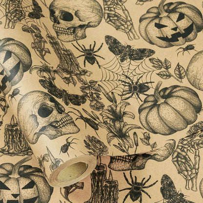 RUSPEPA 30" X 32.8' Kraft Autumn Wrapping Paper Large Paper Roll, Jumbo Roll, Vintage Black Skull, Spider, Pumpkin and Gothic Floral Design Kraft Gift Wrap for Fall Holiday and Halloween Party