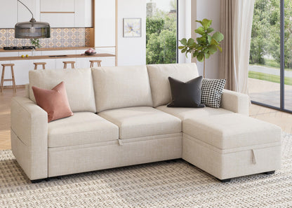 HONBAY Modular Sectional Sleeper Sofa with Pull Out Bed, L Shaped Couch with Storage Seat, Modular Sectional Couches for Living Room - Beige