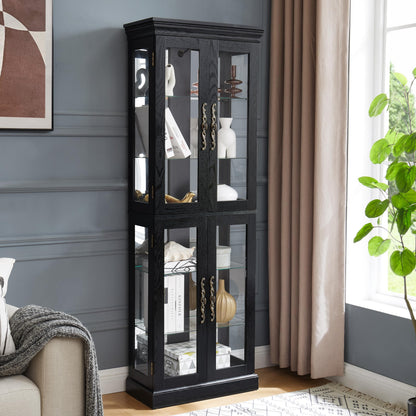 Elountik Lighted Curio Display Cabinet, Glass Storage with Wood Frame, Built-in Lighting for Living Room, Kitchen, Pantry, Ideal for Wine, Toys, Collectibles - Black
