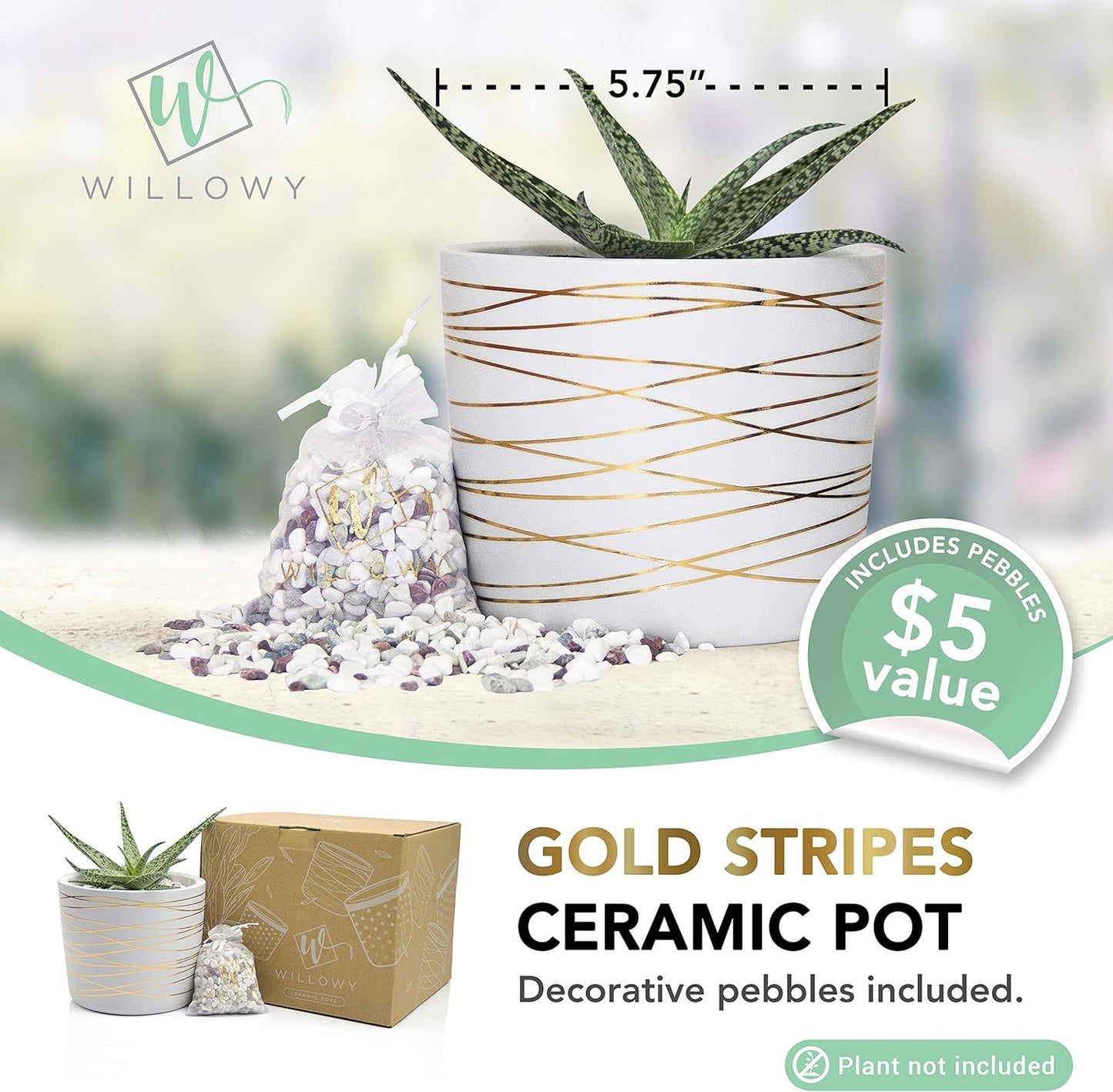 Willowy 6 Inch Ceramic Pot, Matte White with Gold Stripes, Drainage Plug Included