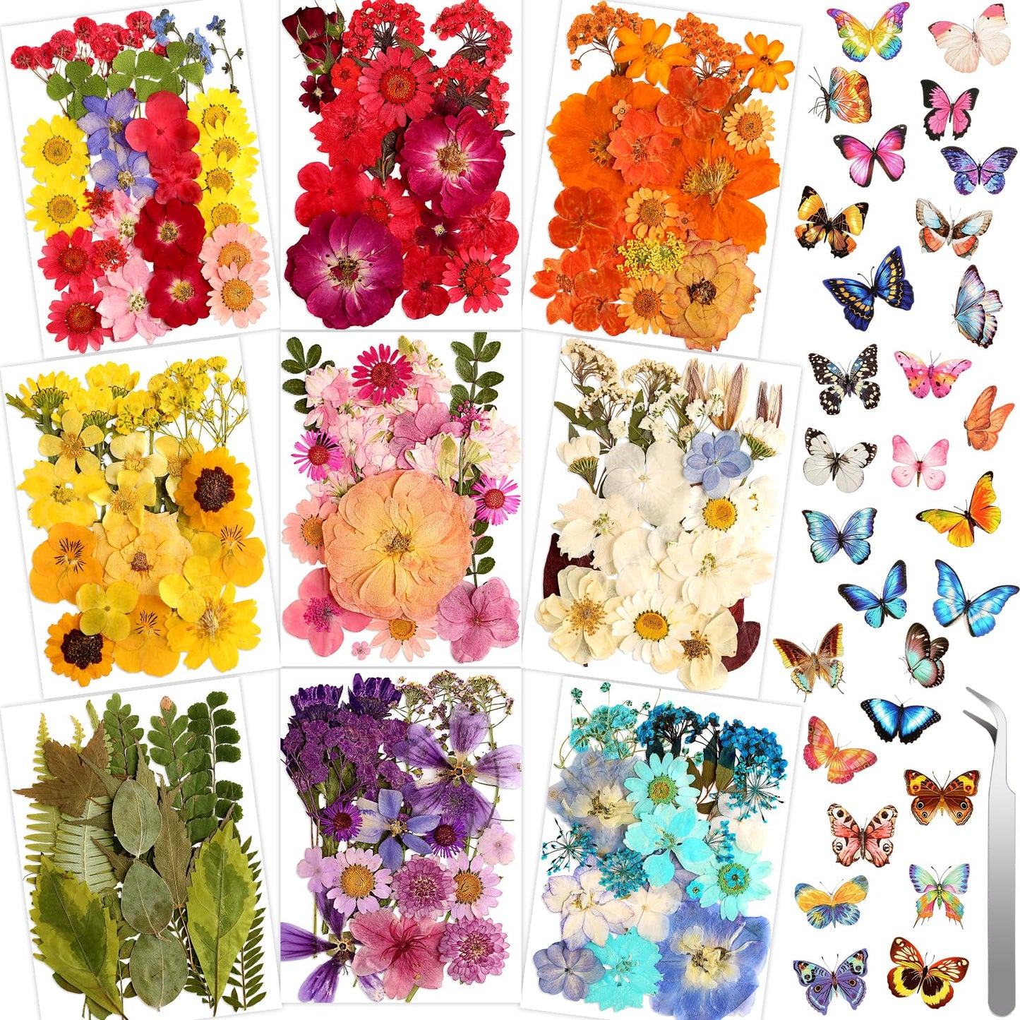 318 PCS Pressed Flowers Butterfly Stickers for Craft, Real Dried Pressed Flowers Bulk Natural Dry Flowers Floral with DIY Butterfly Stickers Tweezers for Art, Resin Mold, Candles, Soap, Jewelry Making