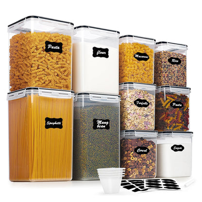 Vtopmart 10 PCS Flour and Sugar Storage Container, Large Airtight Food Canisters with Lids for Kitchen, Pantry Organization, BPA Free, Black