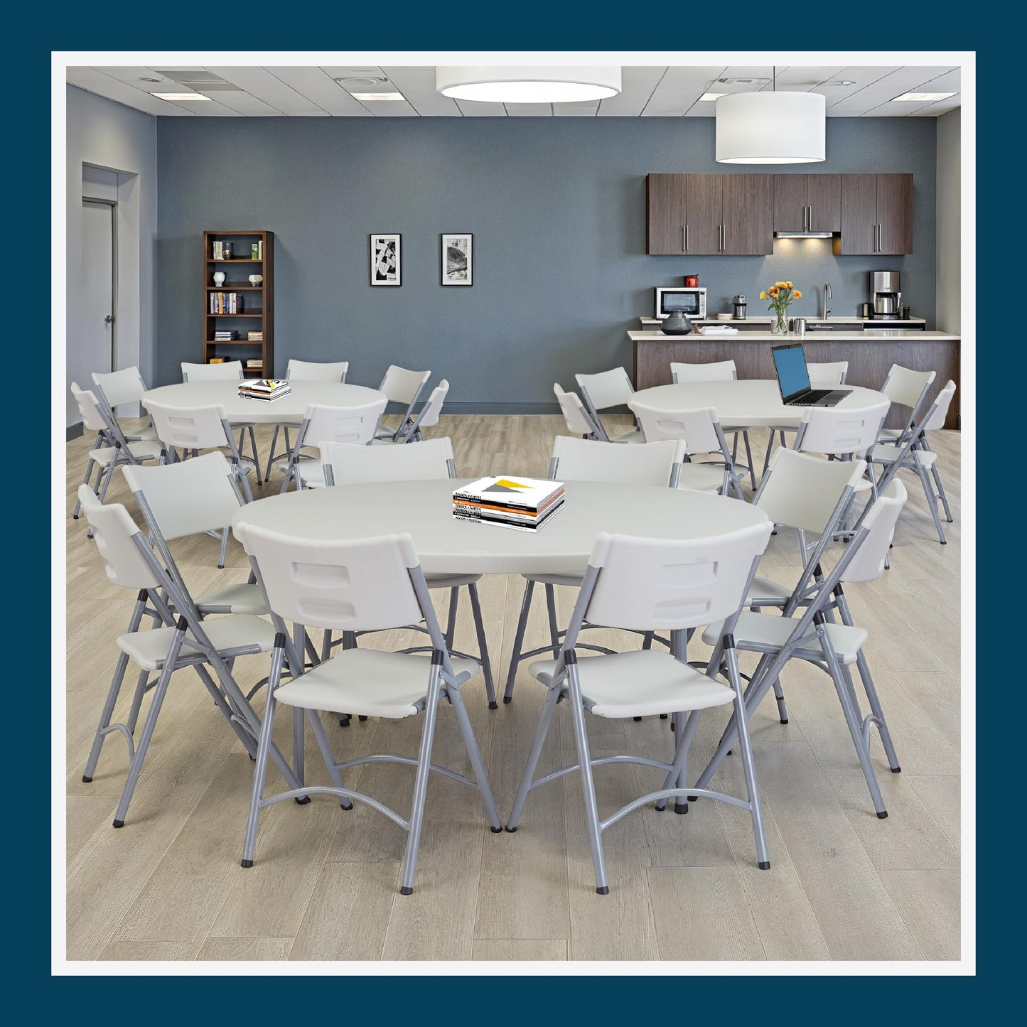 OEF Furnishings OEFCMFIH60R Commercial-Grade Premium Industrial Fold-in-Half Blow-Molded Folding Table with 19-Gauge Steel Frame and Thick Top (60" Diameter, Speckled Gray Top)