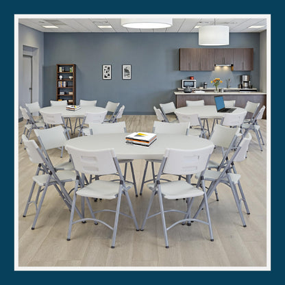 OEF Furnishings OEFCMFIH60R Commercial-Grade Premium Industrial Fold-in-Half Blow-Molded Folding Table with 19-Gauge Steel Frame and Thick Top (60" Diameter, Speckled Gray Top)