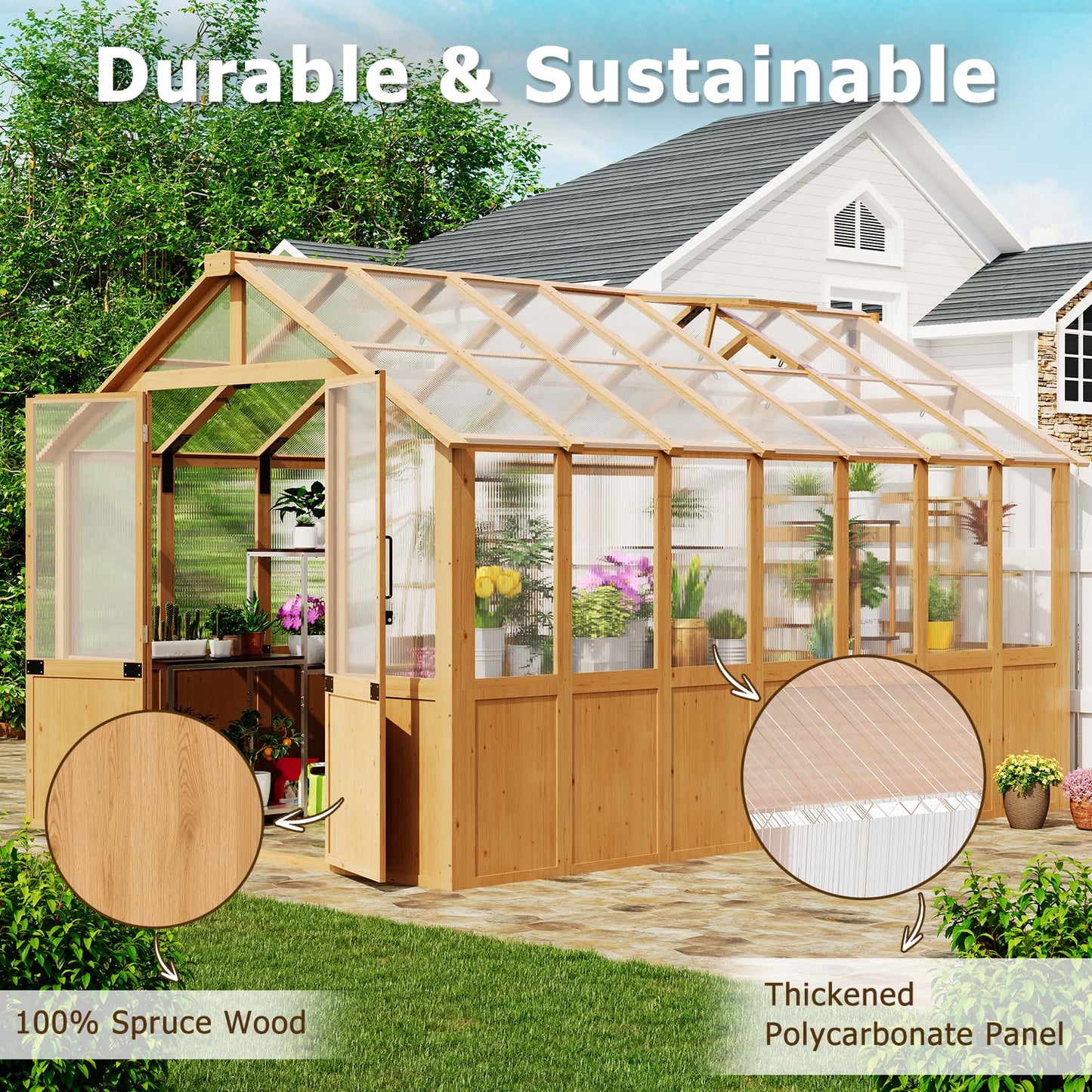 EROMMY 8x12 FT Wooden Greenhouse for Outdoors, Large Walk-in Greenhouse Kit with 4mm Polycarbonate Panels, Adjustable Roof Vent, Lockable Door, Outdoor Greenhouse for Backyard Garden