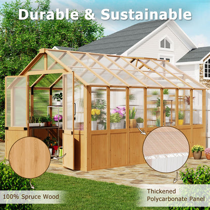 EROMMY 8x12 FT Wooden Greenhouse for Outdoors, Large Walk-in Greenhouse Kit with 4mm Polycarbonate Panels, Adjustable Roof Vent, Lockable Door, Outdoor Greenhouse for Backyard Garden