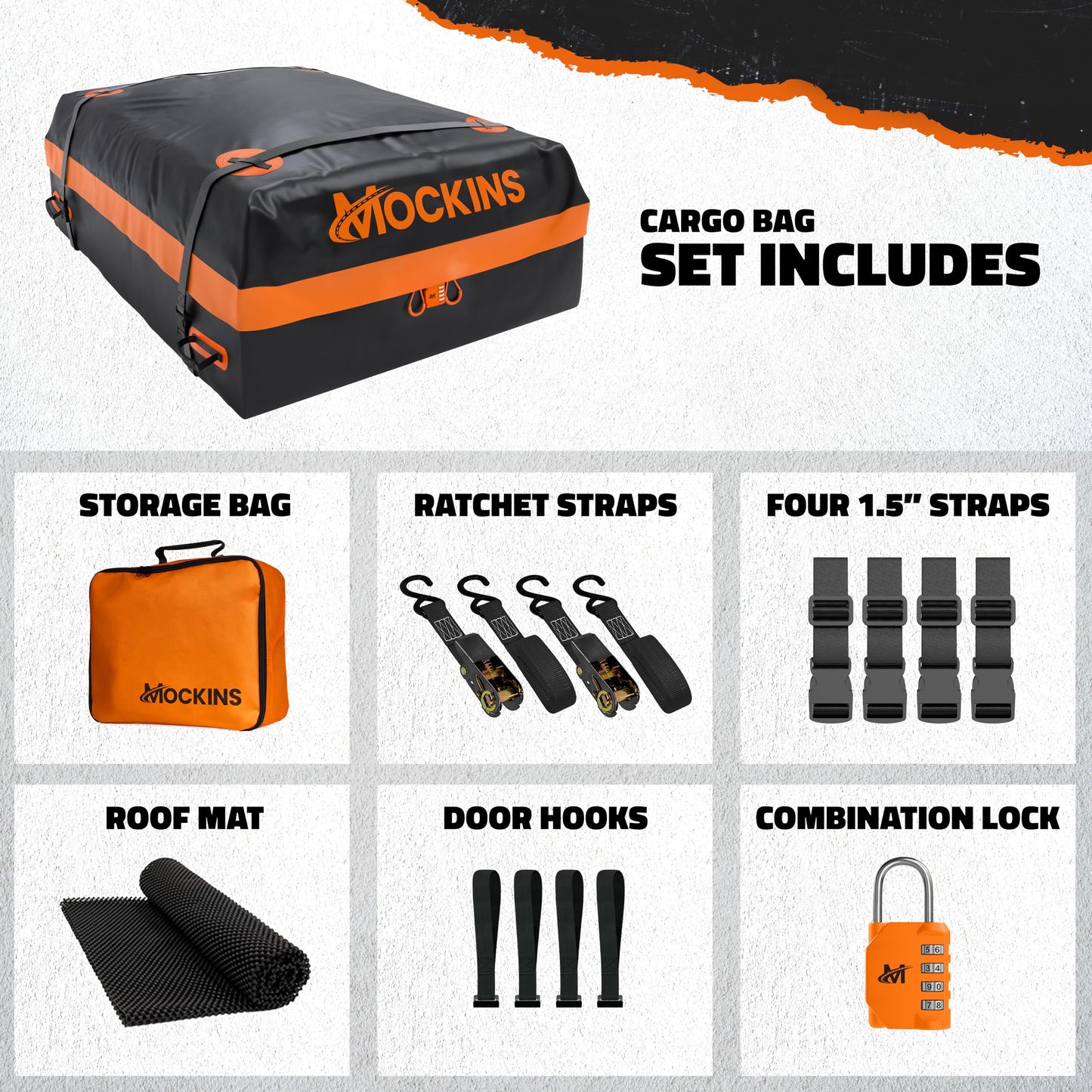 Mockins 30 CuFt Waterproof Rooftop Cargo Bag for Top of Car, SUV, Truck & Large Vehicles | 60"x43"x20" Vinyl Car Roof Bag for Use with or w/o Roof Rack | All-Weather Rooftop Cargo Carrier Set