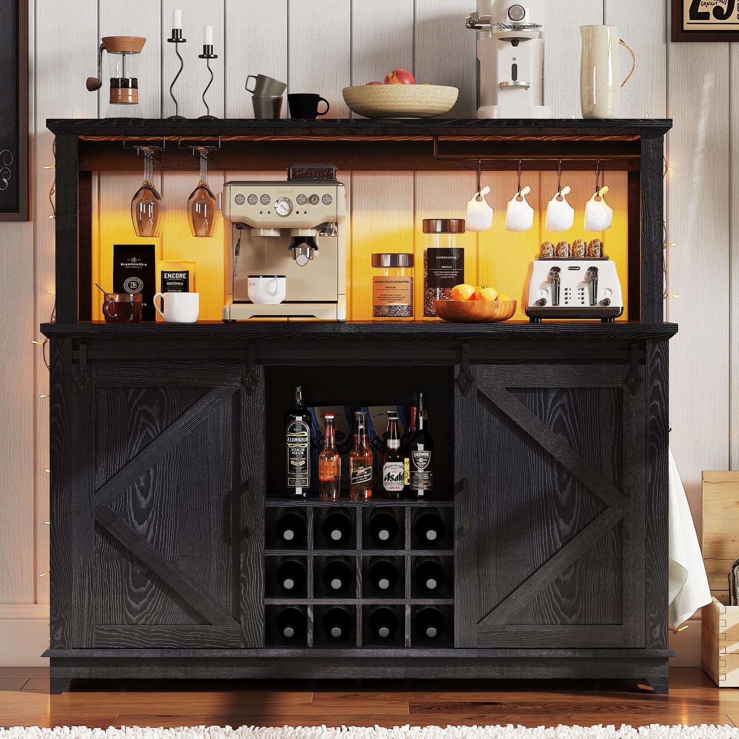 IDEALHOUSE 55" Farmhouse Coffee Bar Cabinet with Power Outlet & LED Light - Sliding Barn Door Buffet with Removable Wine Rack, 2-Tier Drawers, for Kitchen, Dining & Living Room, Black
