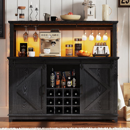 IDEALHOUSE 55" Farmhouse Coffee Bar Cabinet with Power Outlet & LED Light - Sliding Barn Door Buffet with Removable Wine Rack, 2-Tier Drawers, for Kitchen, Dining & Living Room, Black