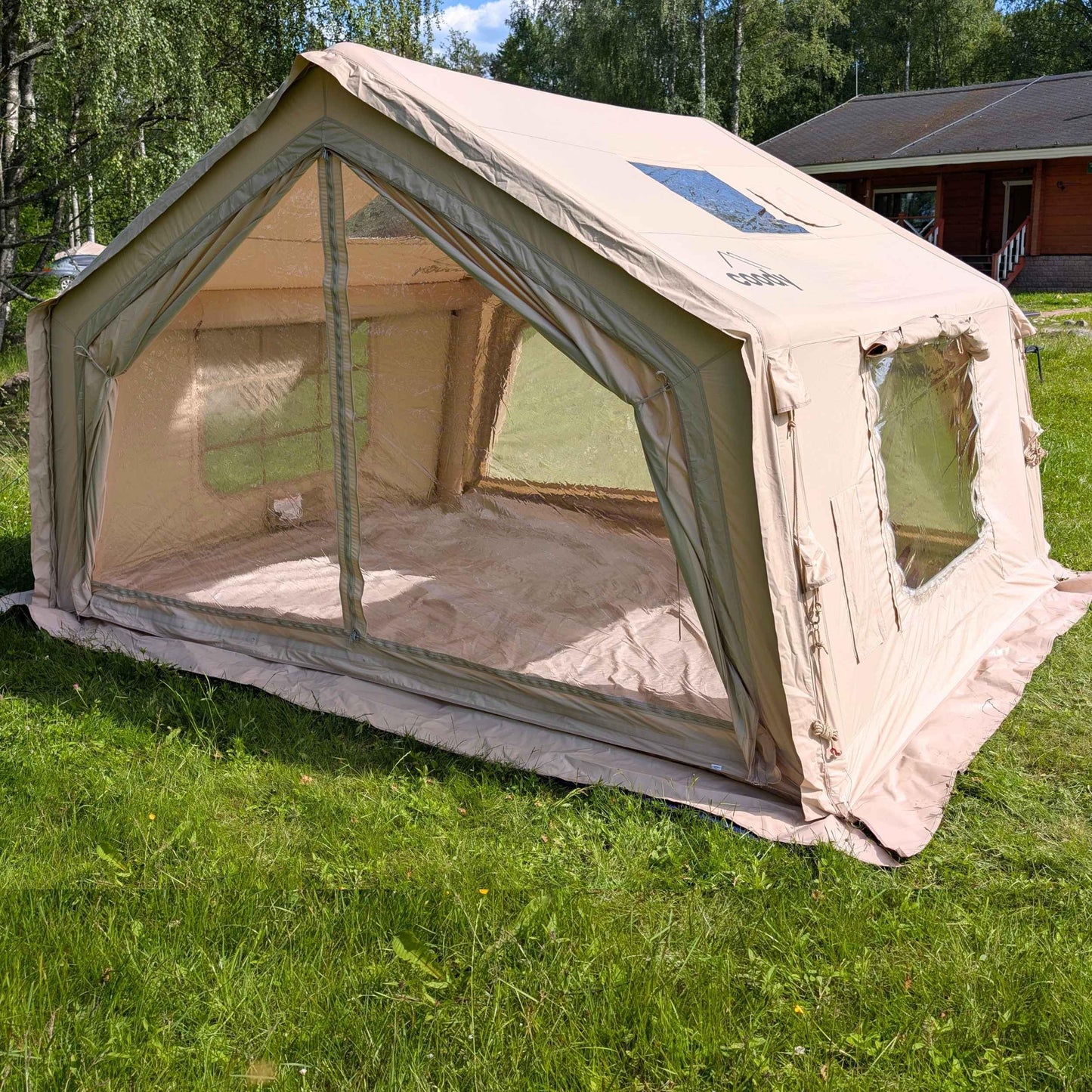 Coody 10.0 Inflatable Canvas Camping Tent for 2–4 People – Premium Air Beam Glamping Tent with Stove Jack, Breathable TC Cotton Canvas, Fast Setup Inflatable Family Tent with Pump, Beige