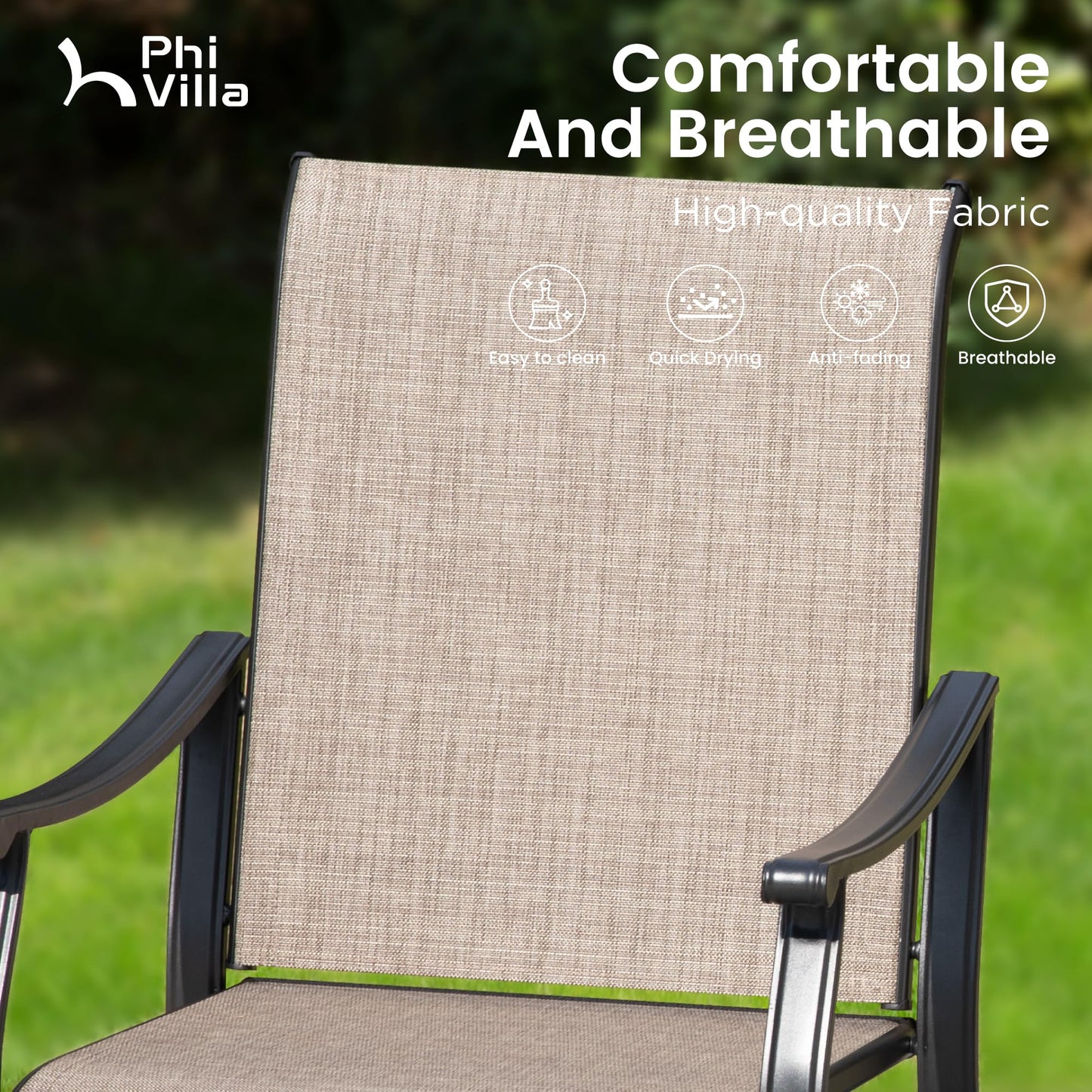 PHI VILLA Patio Dining Table and Chairs for 6,Outdoor Chairs with Textilene Fabric,Quick-Dry and Waterproof,Large Metal Table with Umbrella Hole,Durable and Sturdy for Outside,Garden,Yard