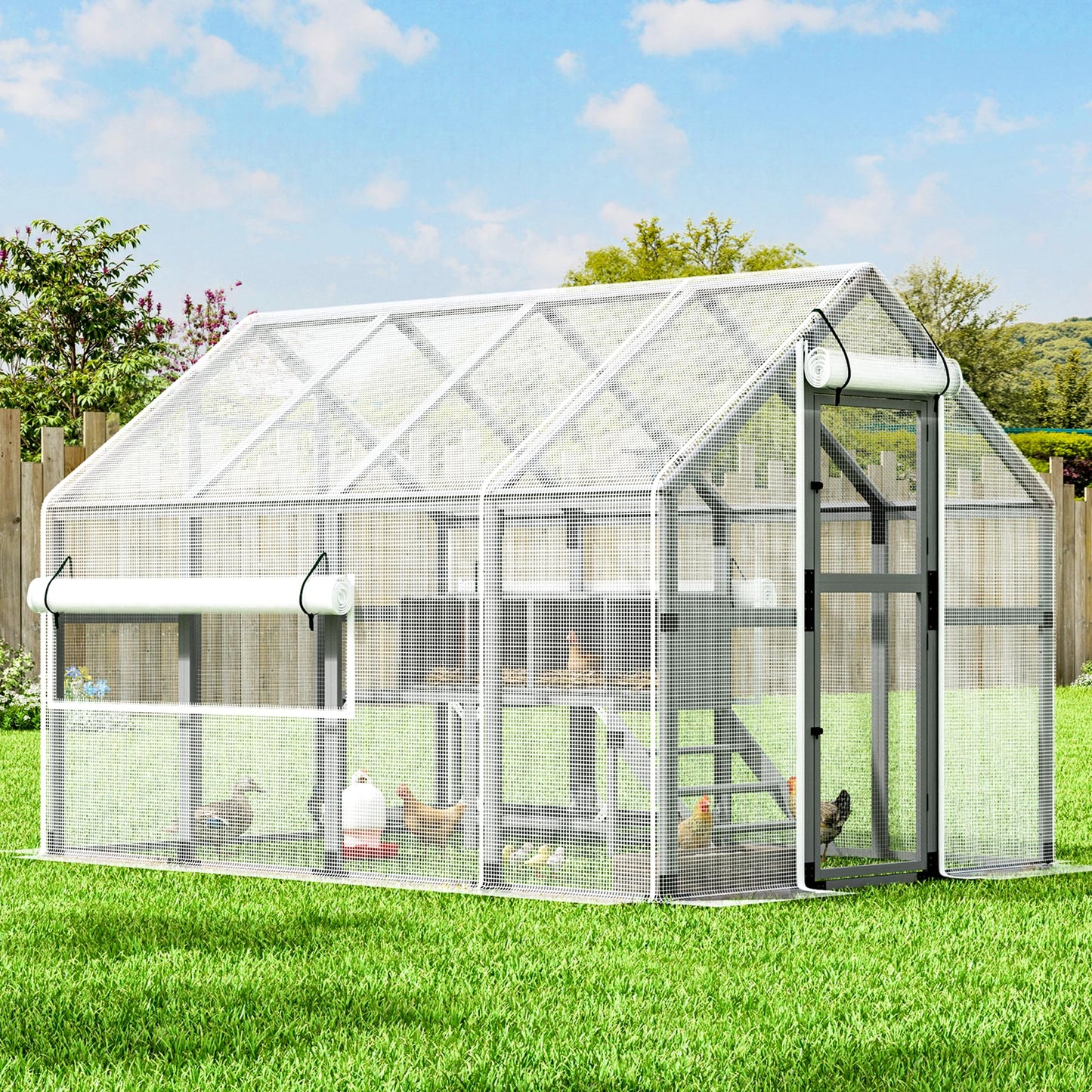 COZIWOW Chicken Coop with Full Waterproof Cover, 9' Extra Large Wooden Chicken House for 10-15 Chickens, 4 Nesting Boxes, Roosting Bars, Outdoor Walk-in Poultry Run for Backyard, Farm, Modern Gray