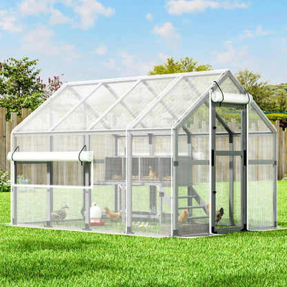 COZIWOW Chicken Coop with Full Waterproof Cover, 9' Extra Large Wooden Chicken House for 10-15 Chickens, 4 Nesting Boxes, Roosting Bars, Outdoor Walk-in Poultry Run for Backyard, Farm, Modern Gray
