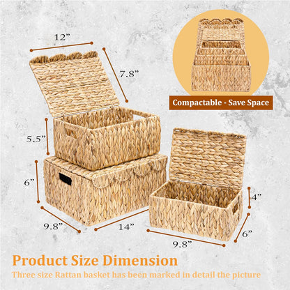 Set 3 LUSYDECO of Scalloped Edge Wicker Basket with Lid, Rectangle Wicker Storage Basket with Built-in Handles
