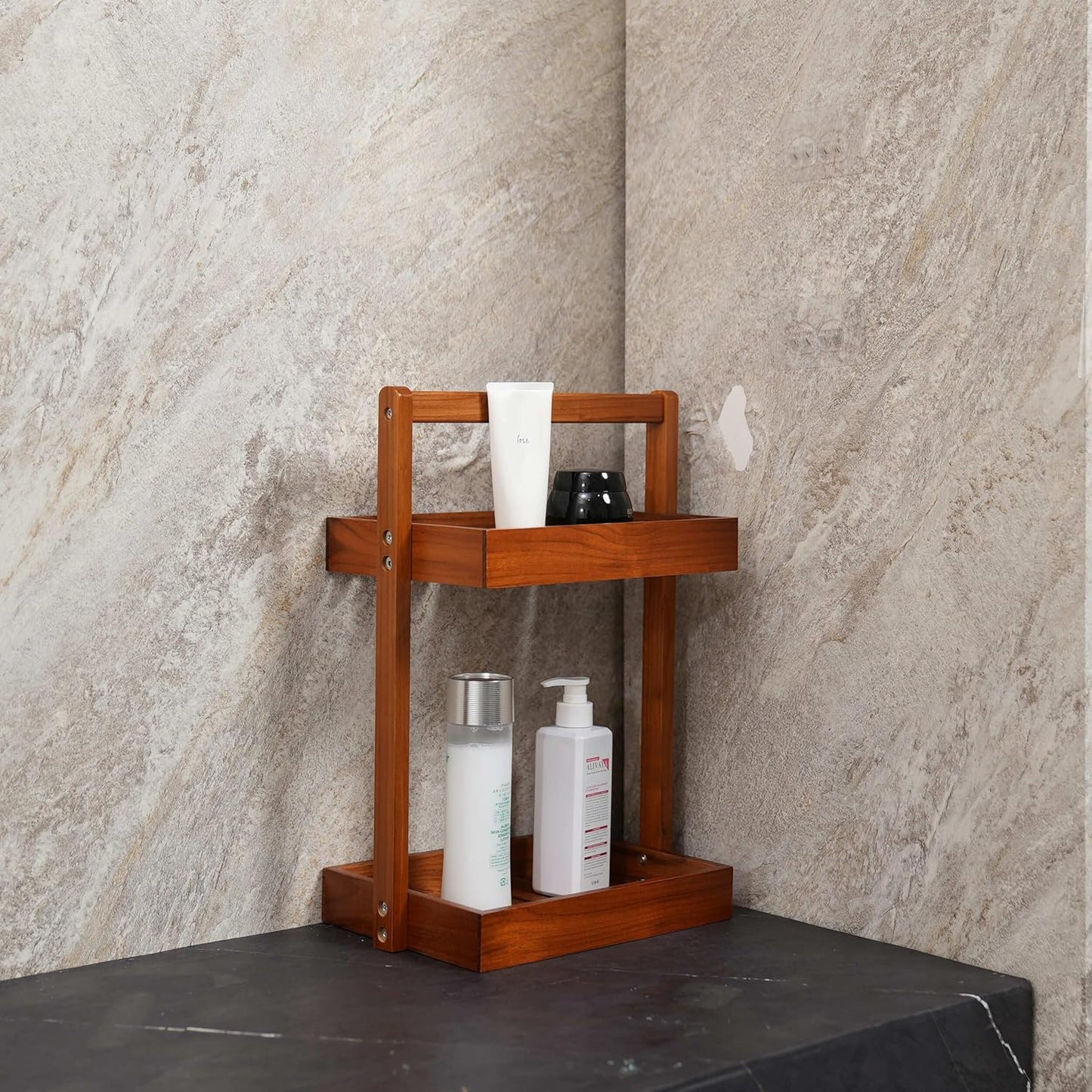 2 Countertop, Utoplike Teak Wood Shower Caddy Corner, Tier Bathroom Organizer Standing Shower Rack with Handle, Stand